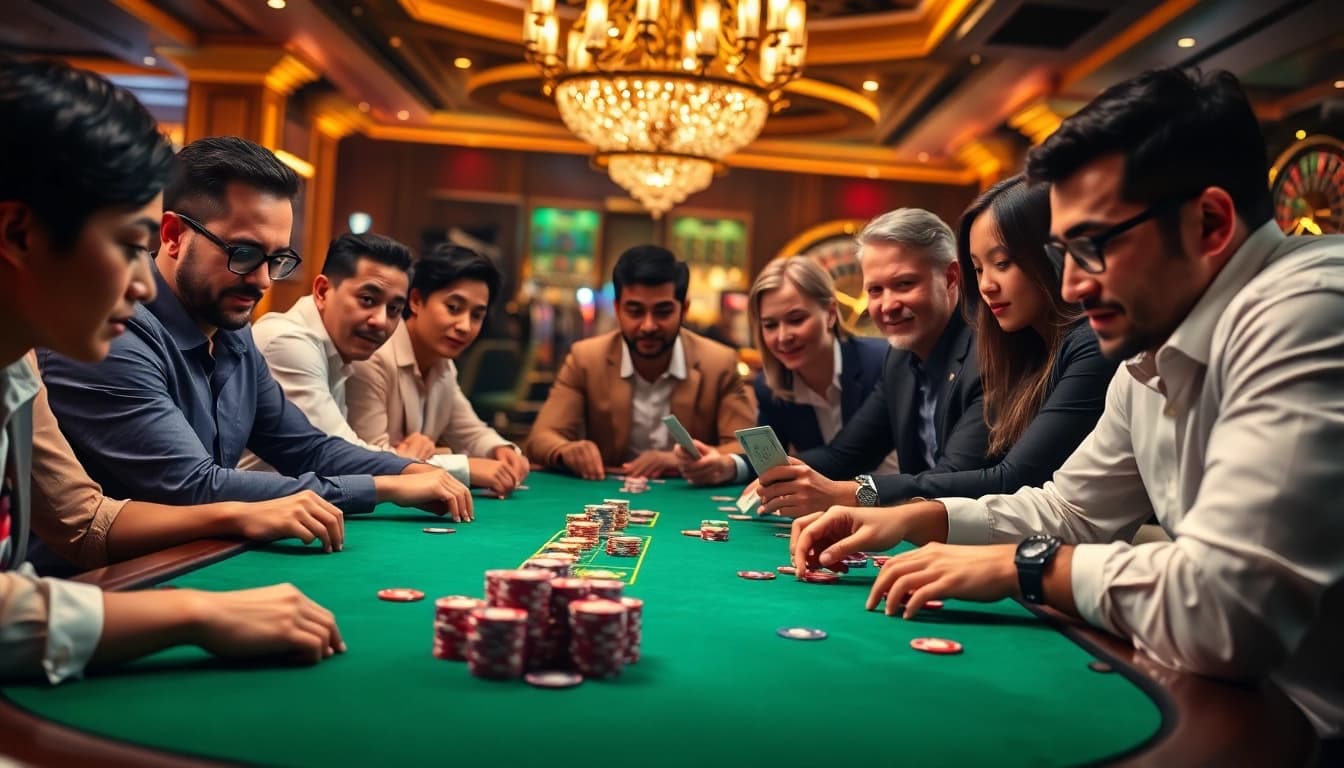 Players at a luxurious 33win poker table, showcasing a thrilling casino atmosphere.