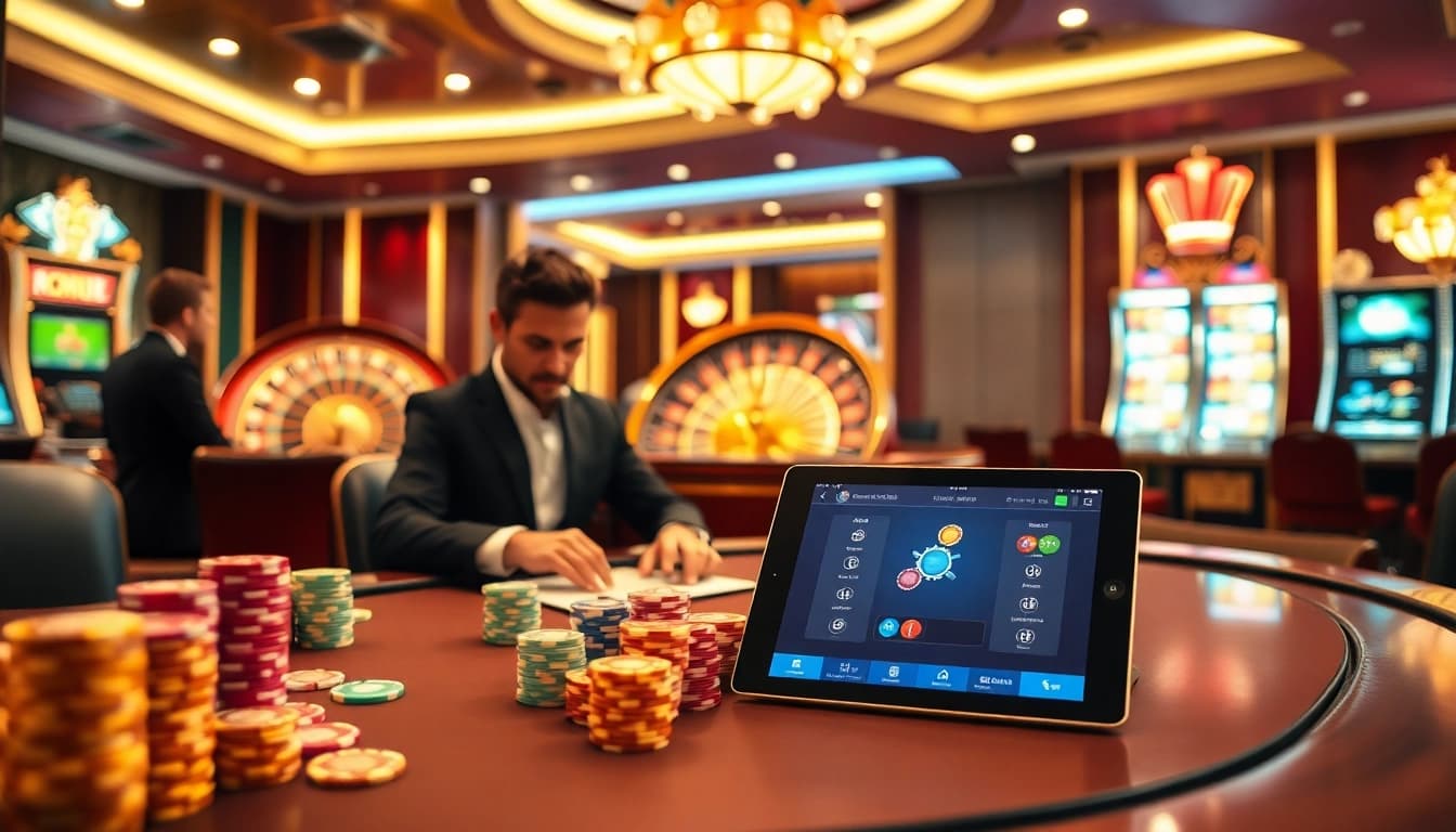 Experience the thrill of gambling at https://s8ok.com/ with vibrant casino elements like poker tables and roulette wheels.
