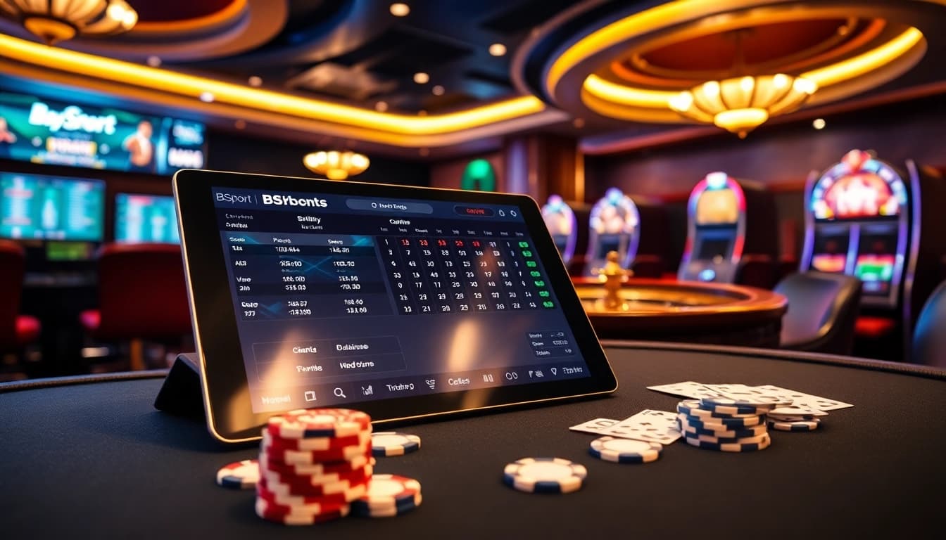 Engaging sports betting scene featuring BSport branding on a sleek tablet among casino elements.