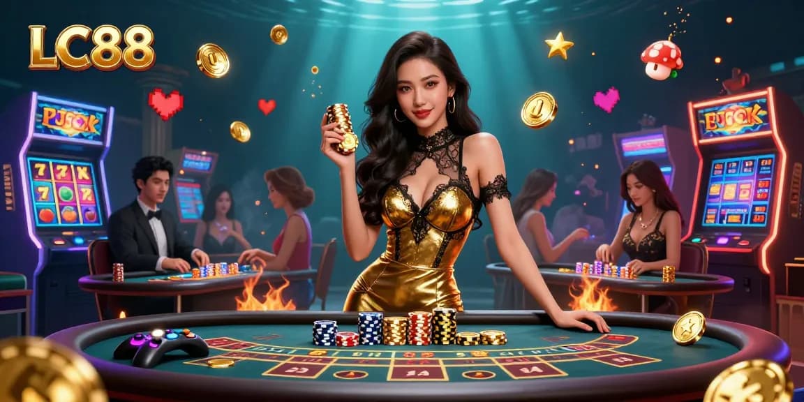 Experience thrilling gaming at LC88 with glamorous players at a VIP baccarat table surrounded by vibrant slots.