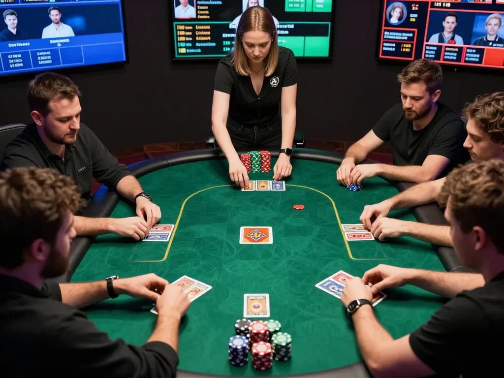 Players at HB88 strategizing their poker game with vibrant chips and cards