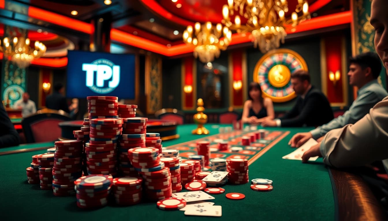 Experience the excitement of casino gameplay at TPJ featuring poker chips and a roulette wheel.