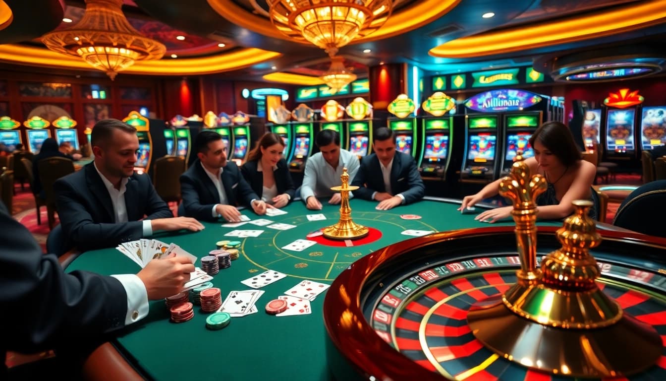 KJC high-stakes poker scene showcasing vibrant chips and cards with an elegant casino backdrop.