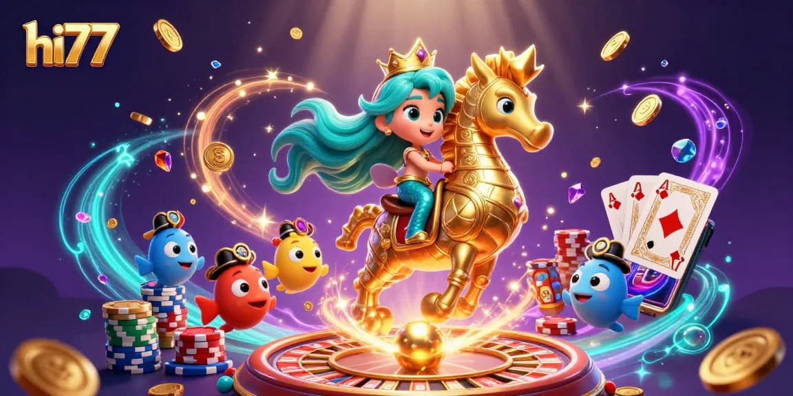 Experience thrilling gameplay with hi77 as a mermaid princess rides a powerful seahorse amid colorful gems and coins.