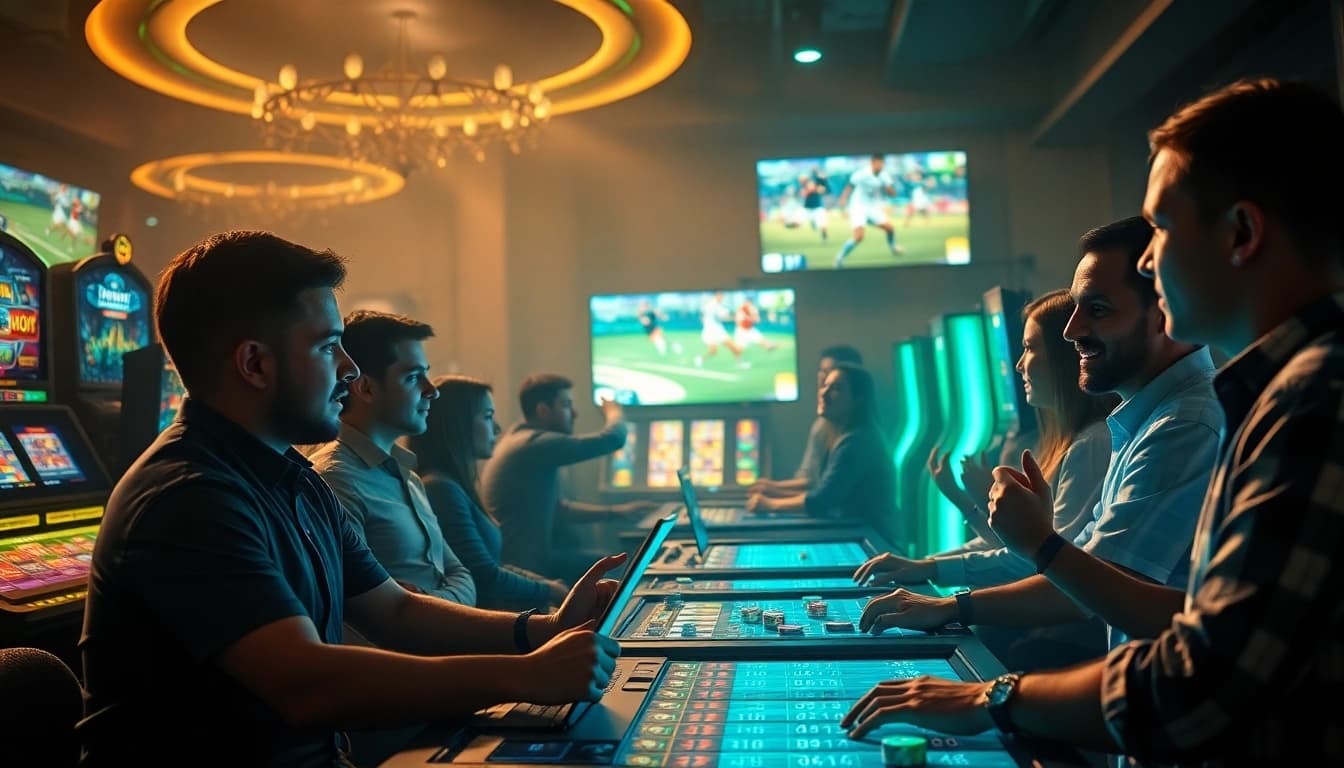 Engaging scene of players at vin777.gb.net enjoying online betting games in a vibrant casino atmosphere.