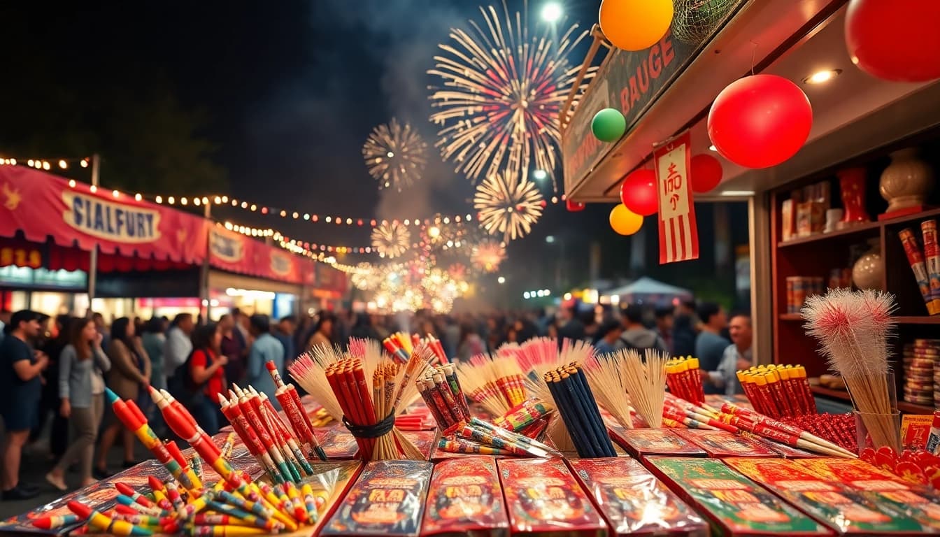 Exciting array of fireworks for sale showcased at a vibrant outdoor festival.