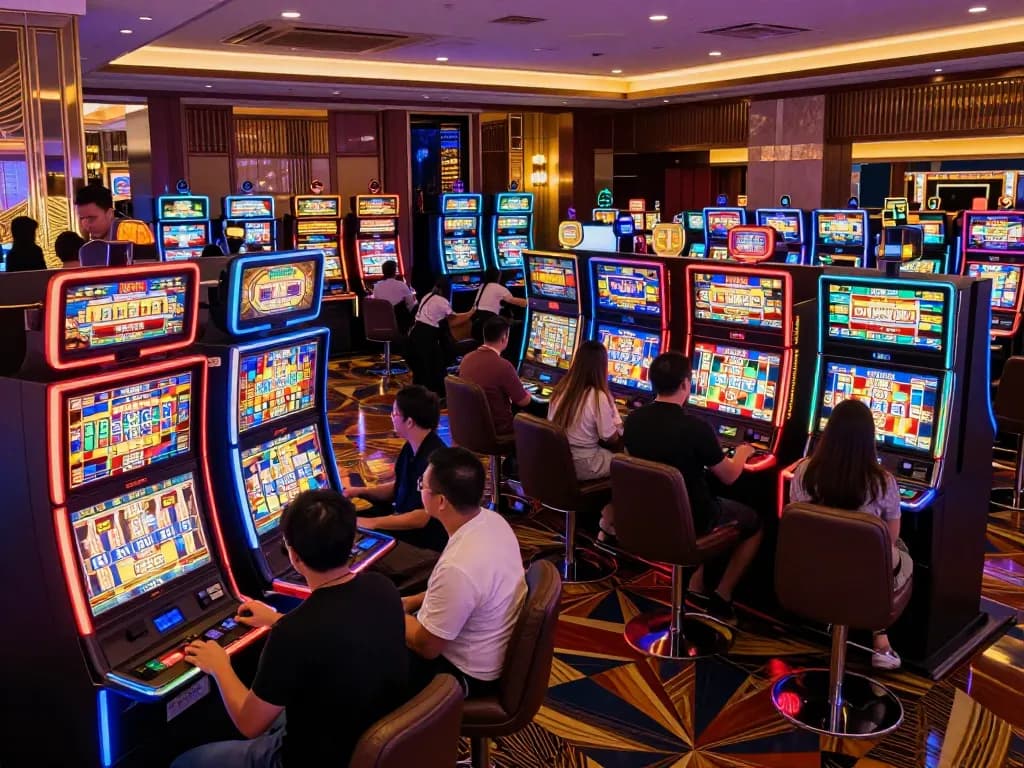 Players enjoying vibrant slot machines in a lively casino scene showcasing the allure of Slot Malaysia