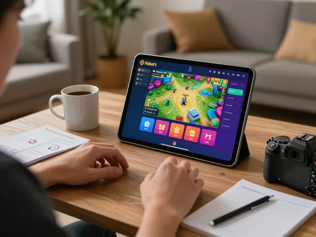 Person engaging in online gaming with Fabet on a tablet in a cozy home setup