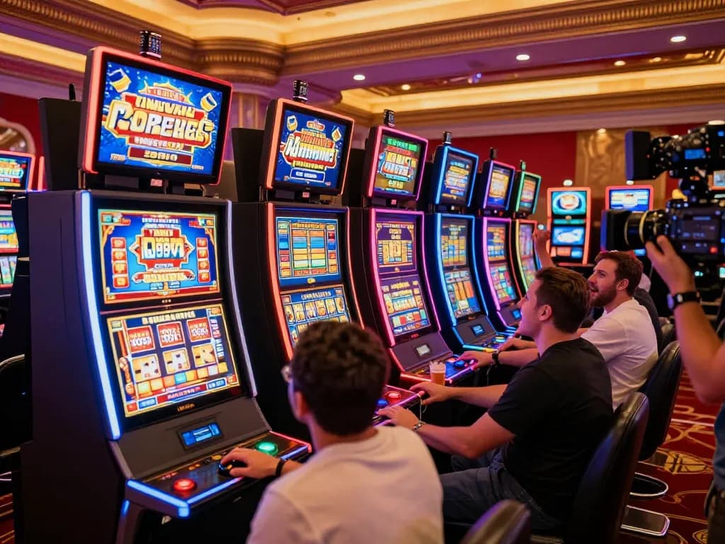 gmnc players spinning reels at slot machines in a vibrant casino atmosphere