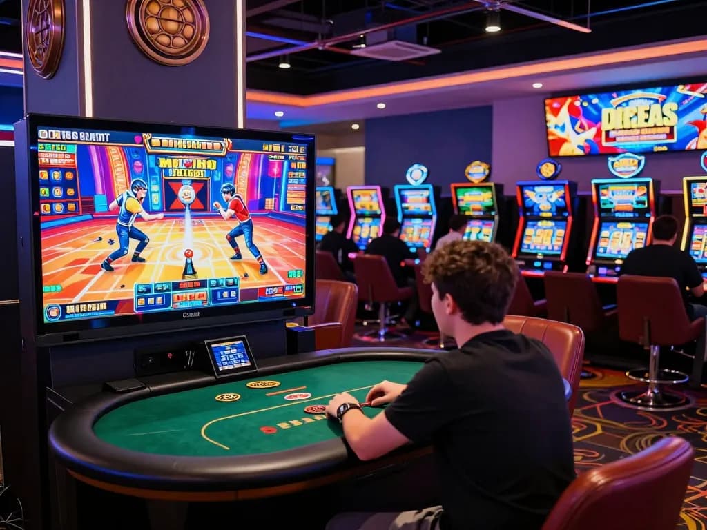 Engaging gaming atmosphere at 99WIN, where players enjoy online slot games and poker in a vibrant lounge filled with neon lights and dynamic promotions.