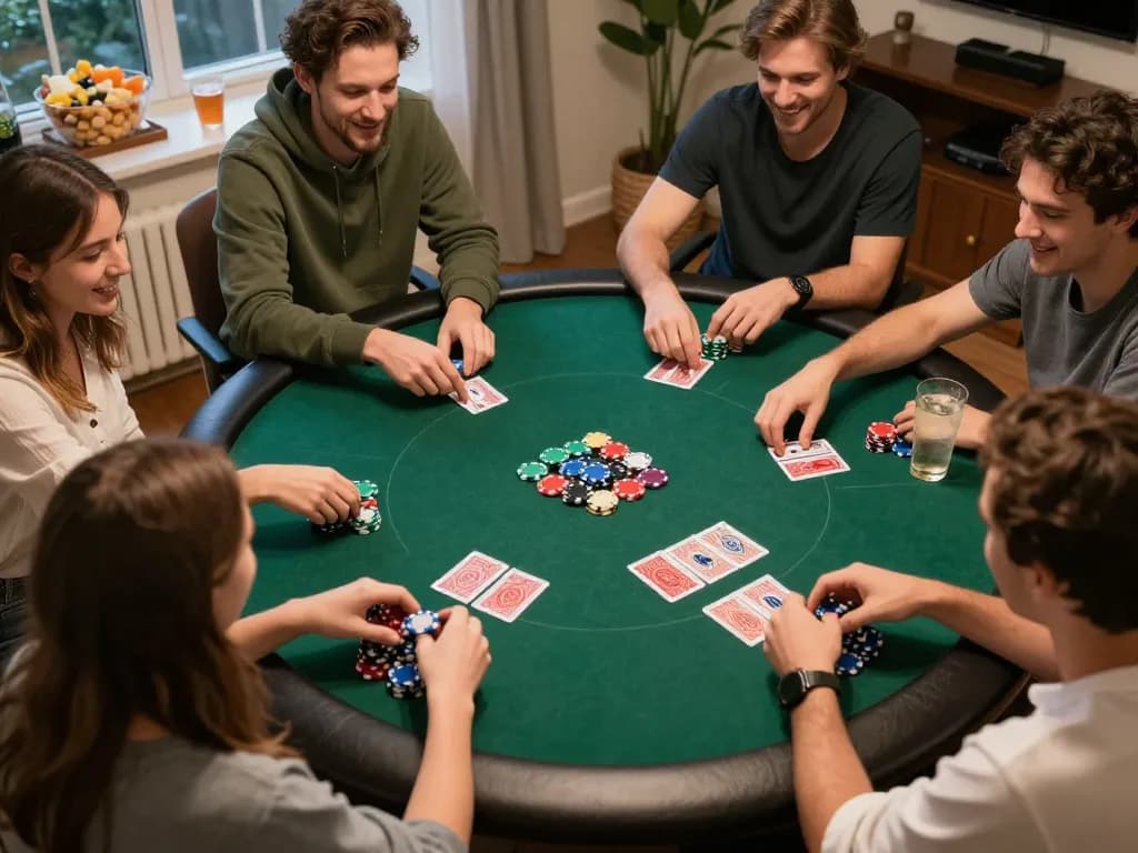 Nohu90 players engaged in a thrilling poker game at home, showcasing chips and cards during a friendly competition.