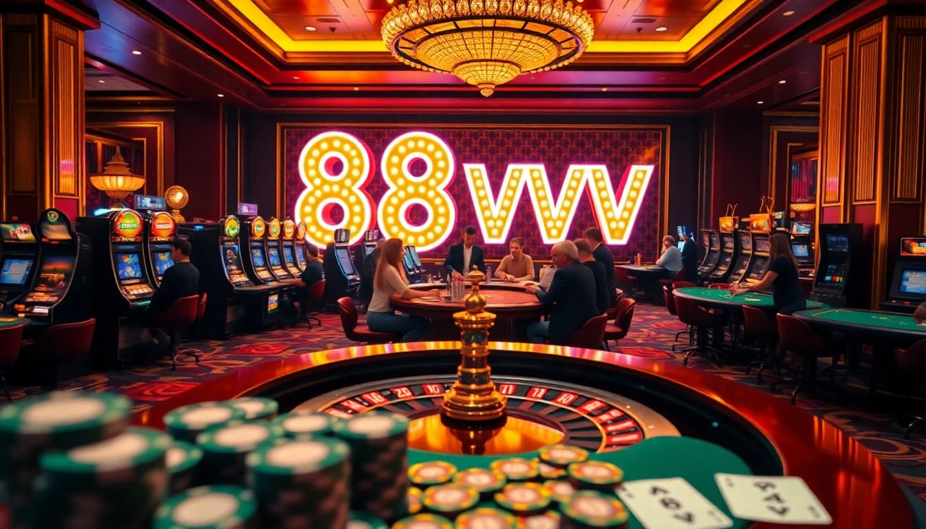Experience the excitement of casino gaming at 88vv with vibrant roulette and poker tables.