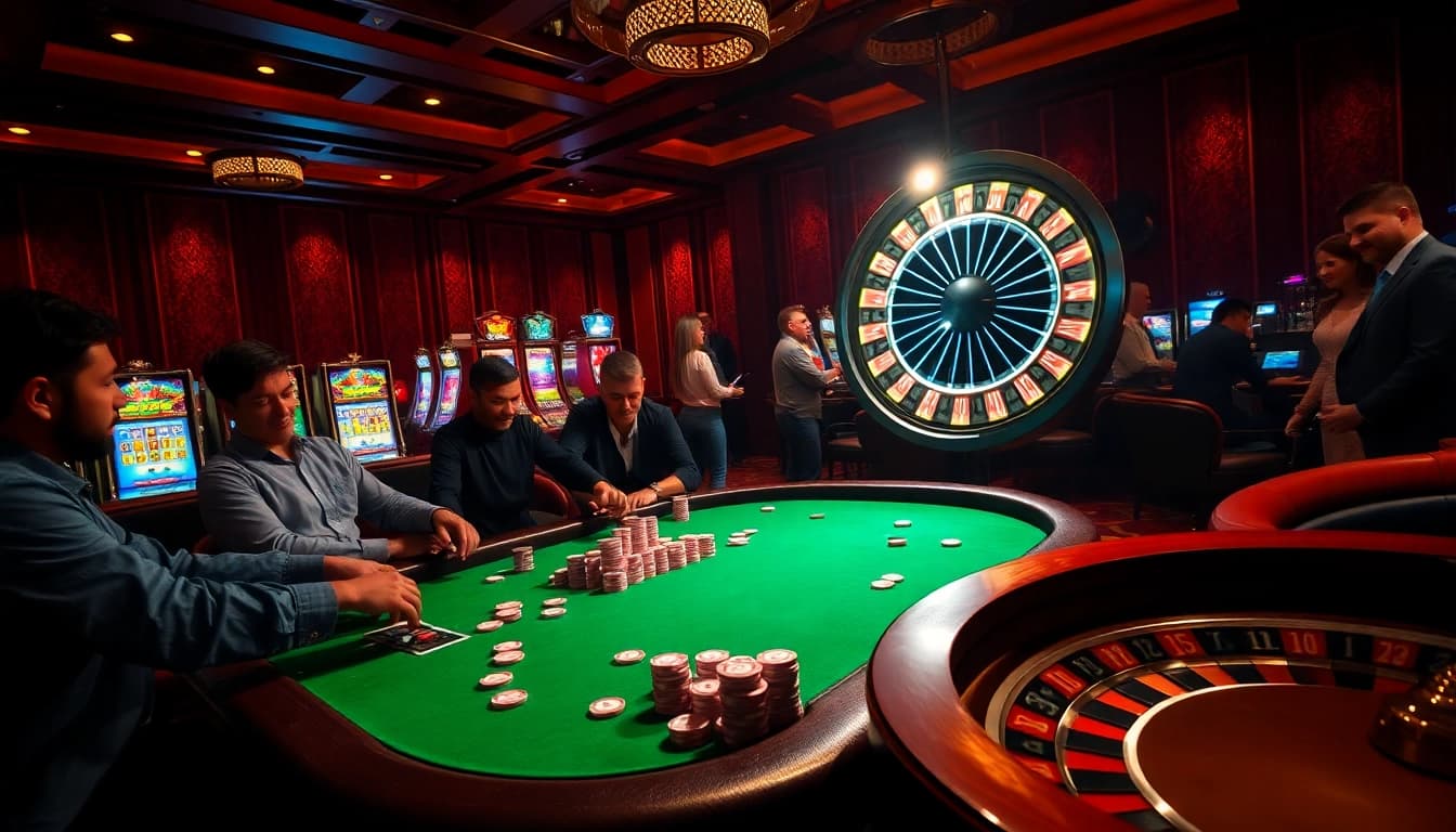 Engaging scene showing players at a casino table and the vibrant atmosphere of đăng nhập uk88 excitement.