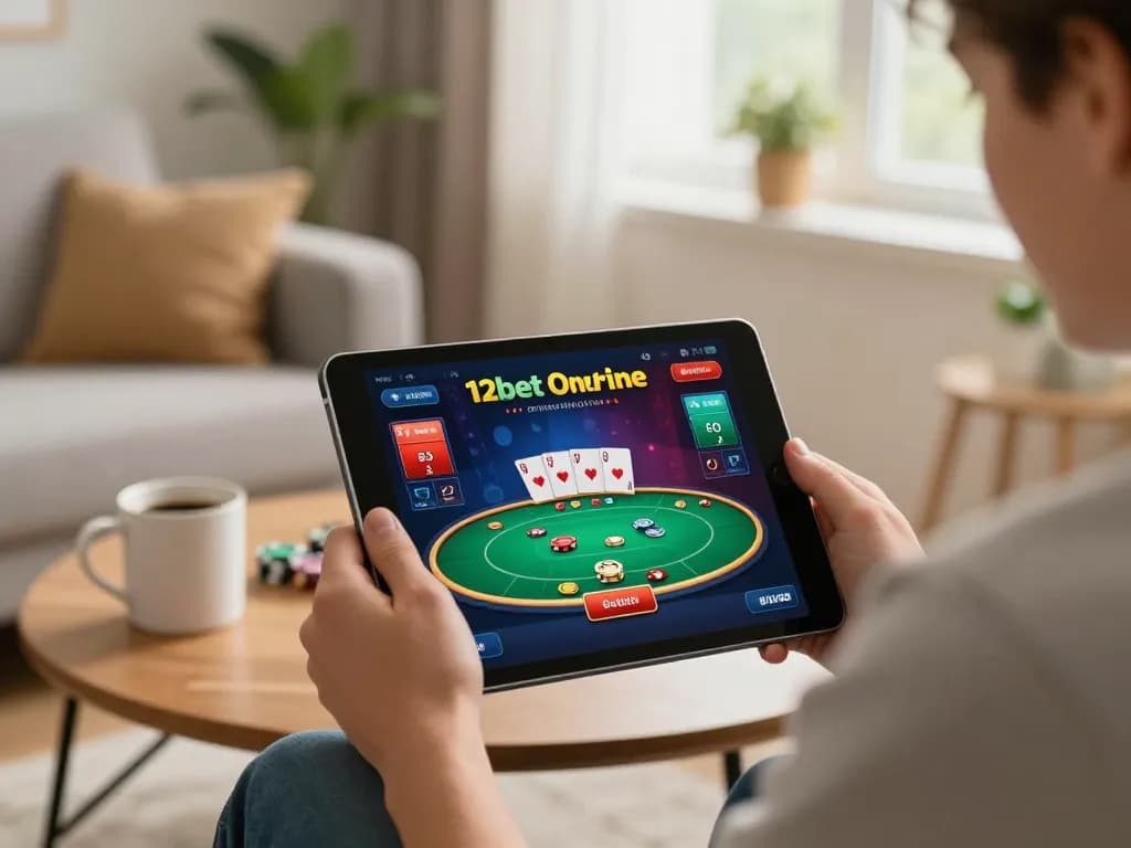 Người chơi thưởng thức poker trên ứng dụng máy tính bảng 12bet trong không gian phòng khách ấm cúng