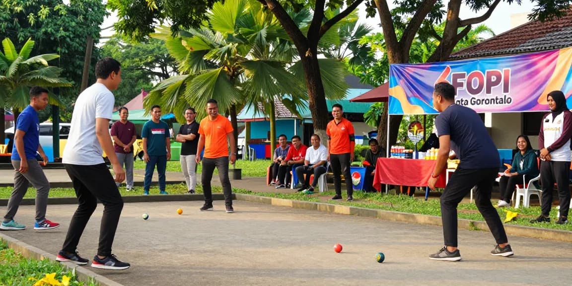 Engaged petanque players at FOPI Kota Gorontalo community event showcasing athleticism and teamwork.