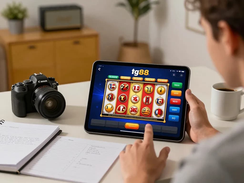 Engaging with tg88 app on a tablet for online gaming in a cozy home setting