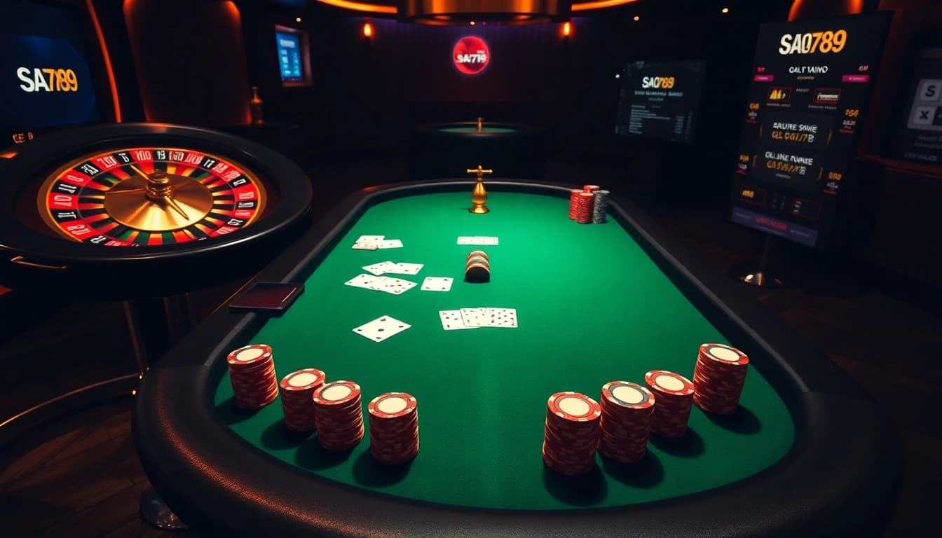 Exciting poker scene showcasing SAO789 with vibrant casino tables and betting options.