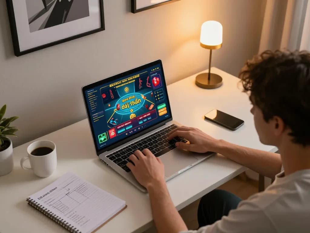 Playing game bài đổi thưởng on laptop at home, showcasing strategic gaming environment