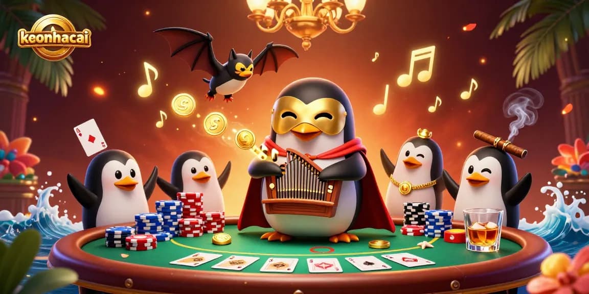 Experience keonhacai with a whimsical penguin playing a golden organ amidst rich casino elements.