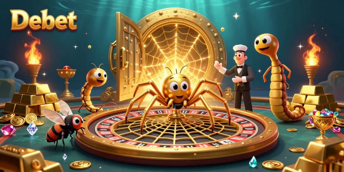 Experience thrilling bets with Debet at a vibrant casino scene of a golden spider spinning a roulette wheel.