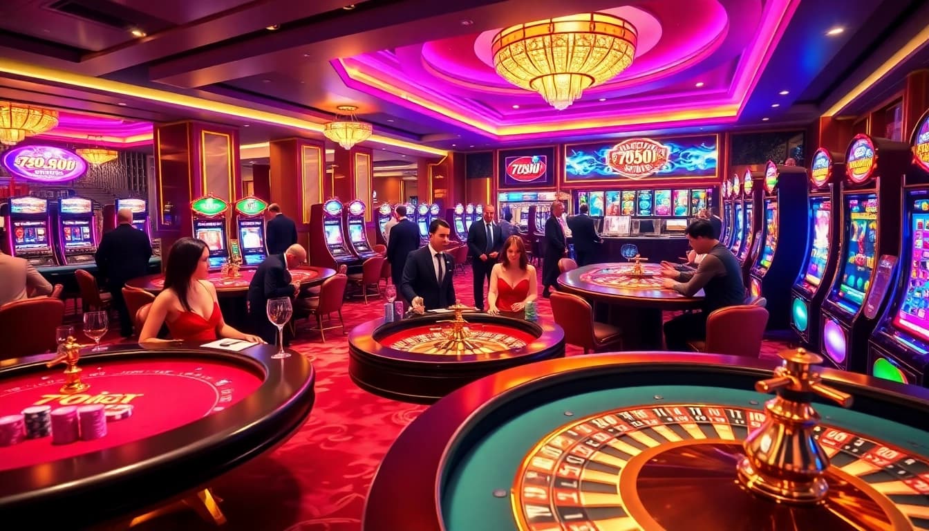 Players enjoying dynamic games at 789CLUB's luxurious casino, featuring poker tables, slot machines, and vibrant atmosphere.