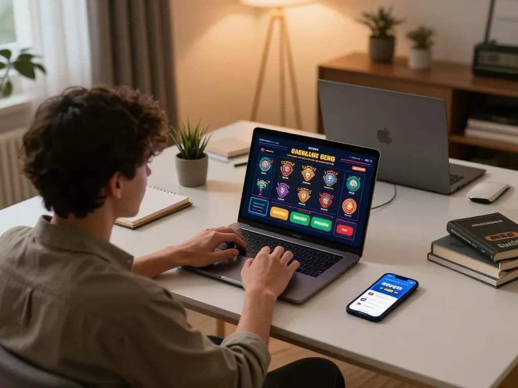 Player using the fly88 app for online gambling at a modern home setup, showcasing strategic gameplay.