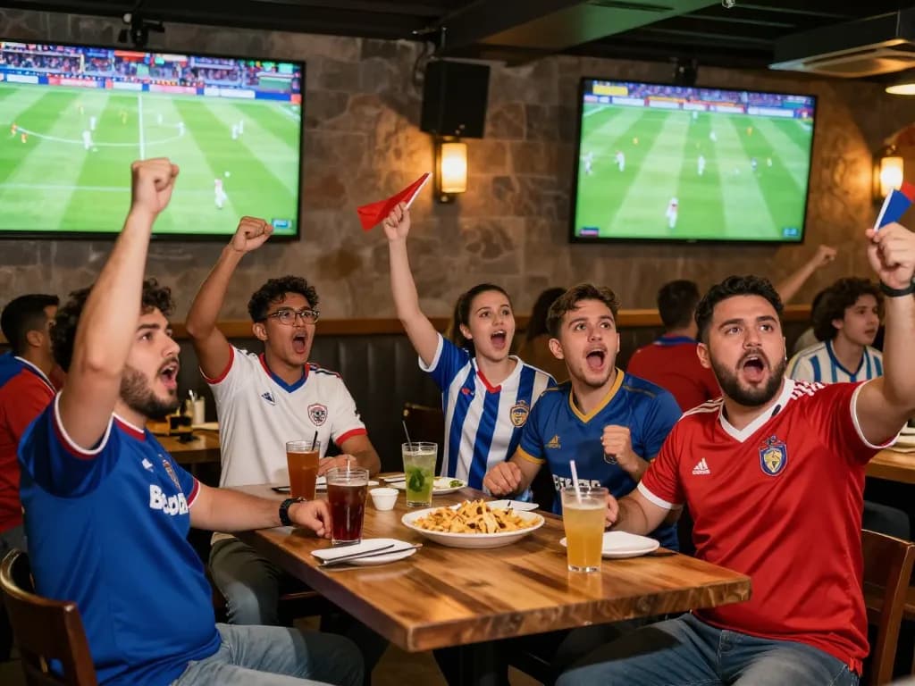 Cakhiatv football fans in a lively sports bar cheering during a live match.