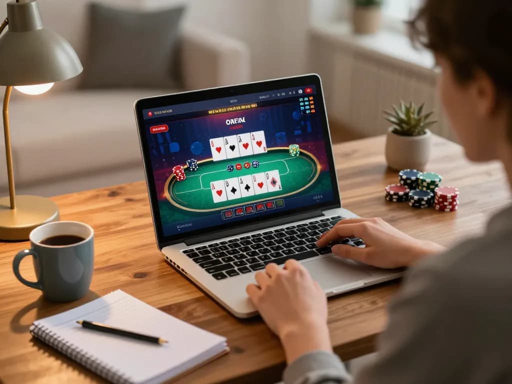 Player strategizing for poker at 678vip's online casino on a laptop.
