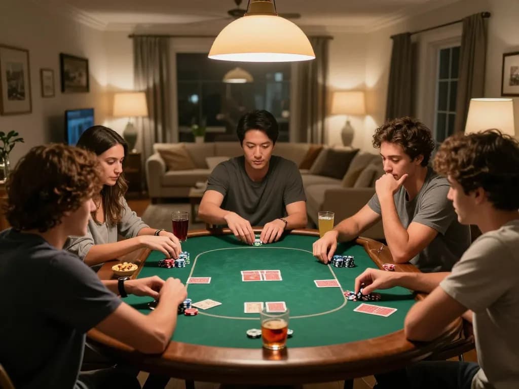 Friends enjoying a strategic poker game night at home using DR88 platform, with cards and chips visible on the table.