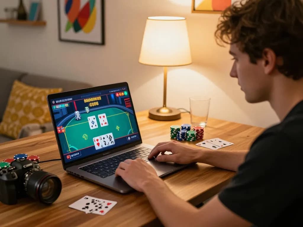 az888 player enjoying an online poker game on a laptop with chips and cards visible.
