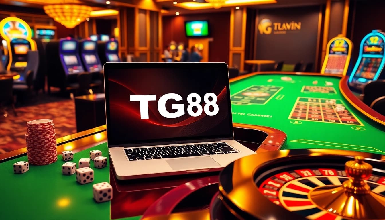 Experience high-stakes action with TG88's vibrant online gambling scene set in a luxury casino.