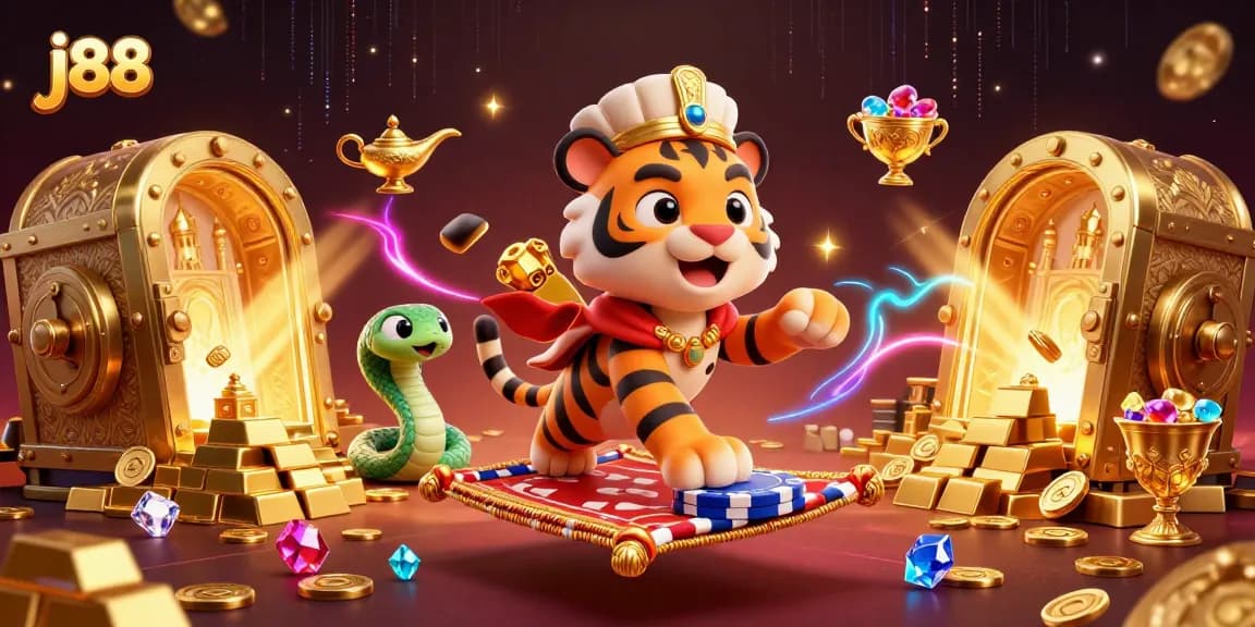 Spin and win with j88 at the vibrant online casino, featuring a dynamic 3D Arabian Nights scene.
