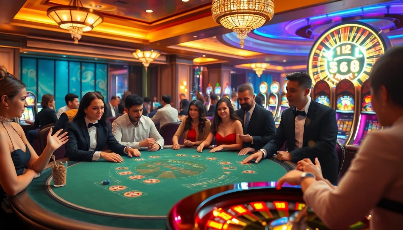Engage with the thrilling atmosphere of win55 com featuring a diverse crowd at an upscale casino table.