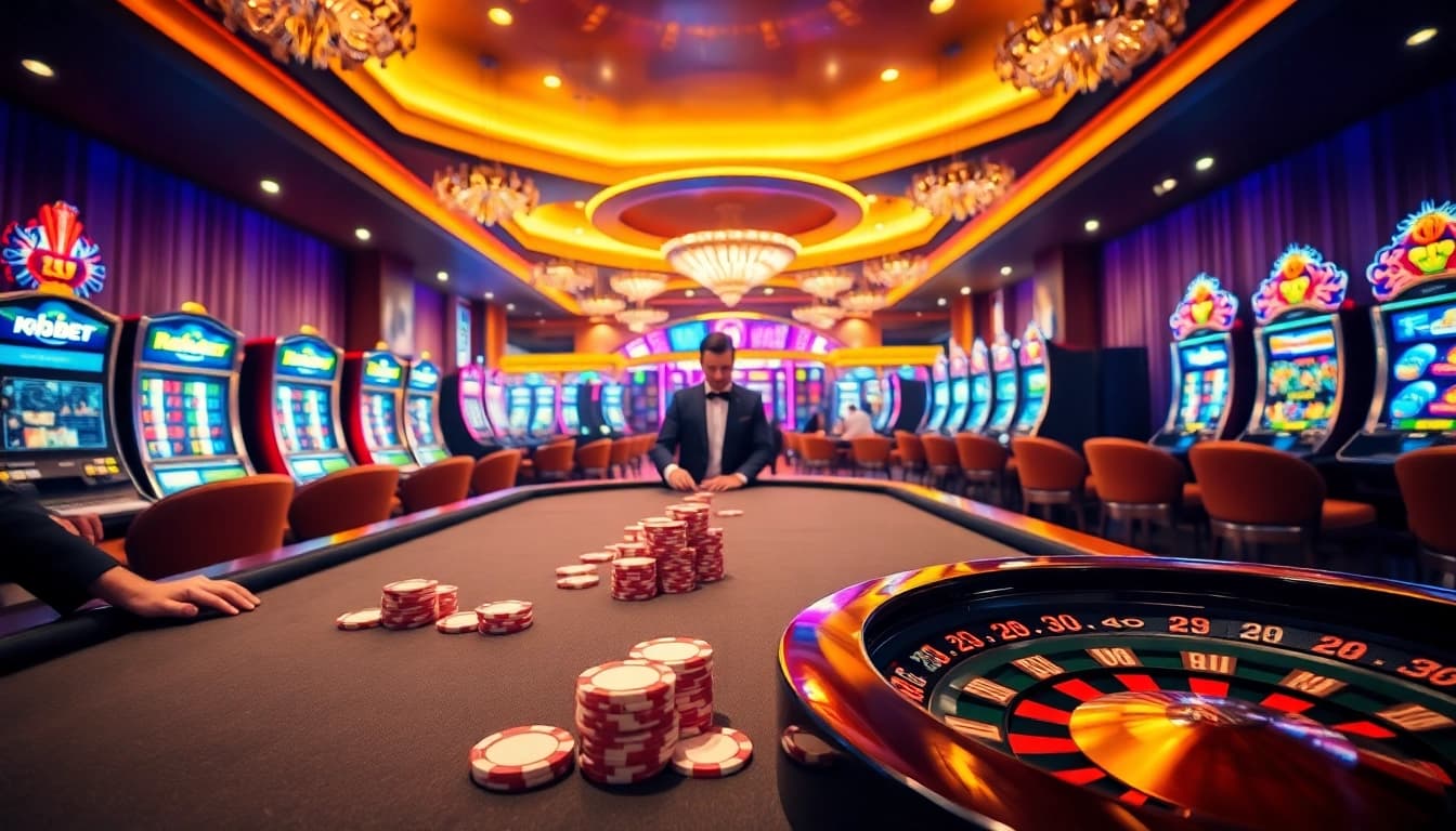 Experience the excitement of K8Bet at luxury casino tables with vibrant gambling elements.