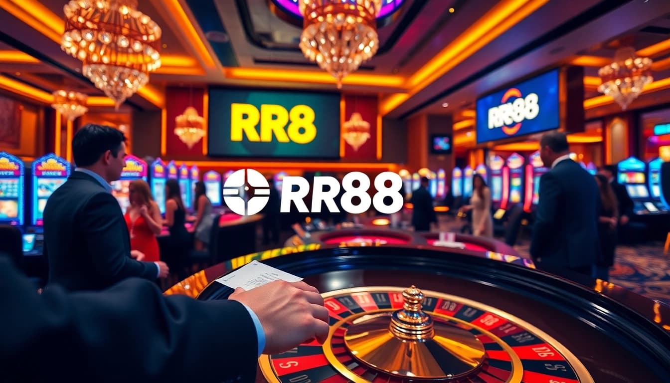 Experience the thrill of rr88 đăng nhập at a vibrant casino table with players enjoying roulette and slot machines.