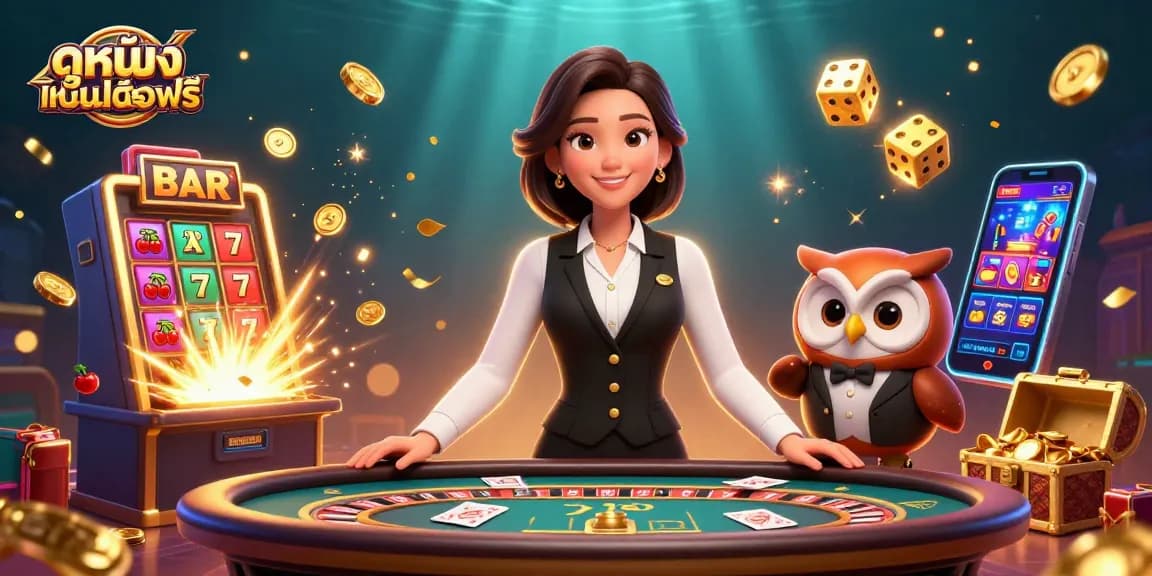 Experience the thrill of ดูหนังออนไลน์ฟรี with our vibrant casino scene featuring engaging dealers and dynamic gaming elements.