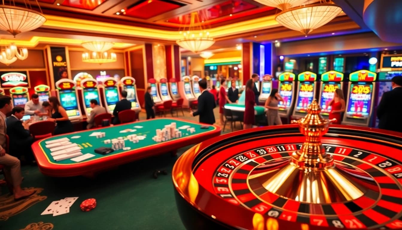 Experience the thrill at nhà cái PS99 with vibrant casino tables and players immersed in gaming.