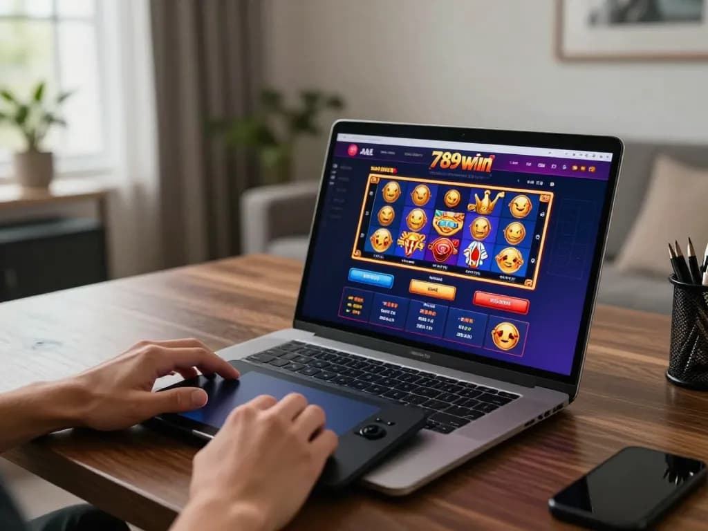 Engaging gameplay on a 789win casino laptop, featuring vibrant games and modern home setup.