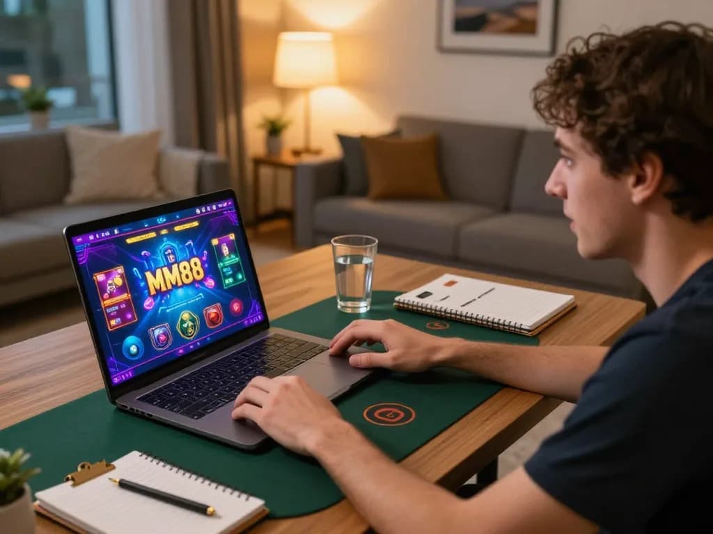 Player engaging in MM88 online casino gaming with live dealer on laptop in cozy living room