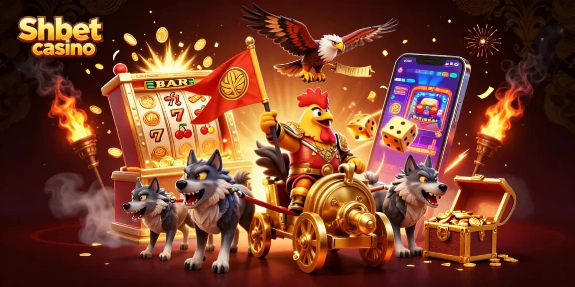 Shbet casino features 3D rooster warlord and golden slot machine in an exciting scene.