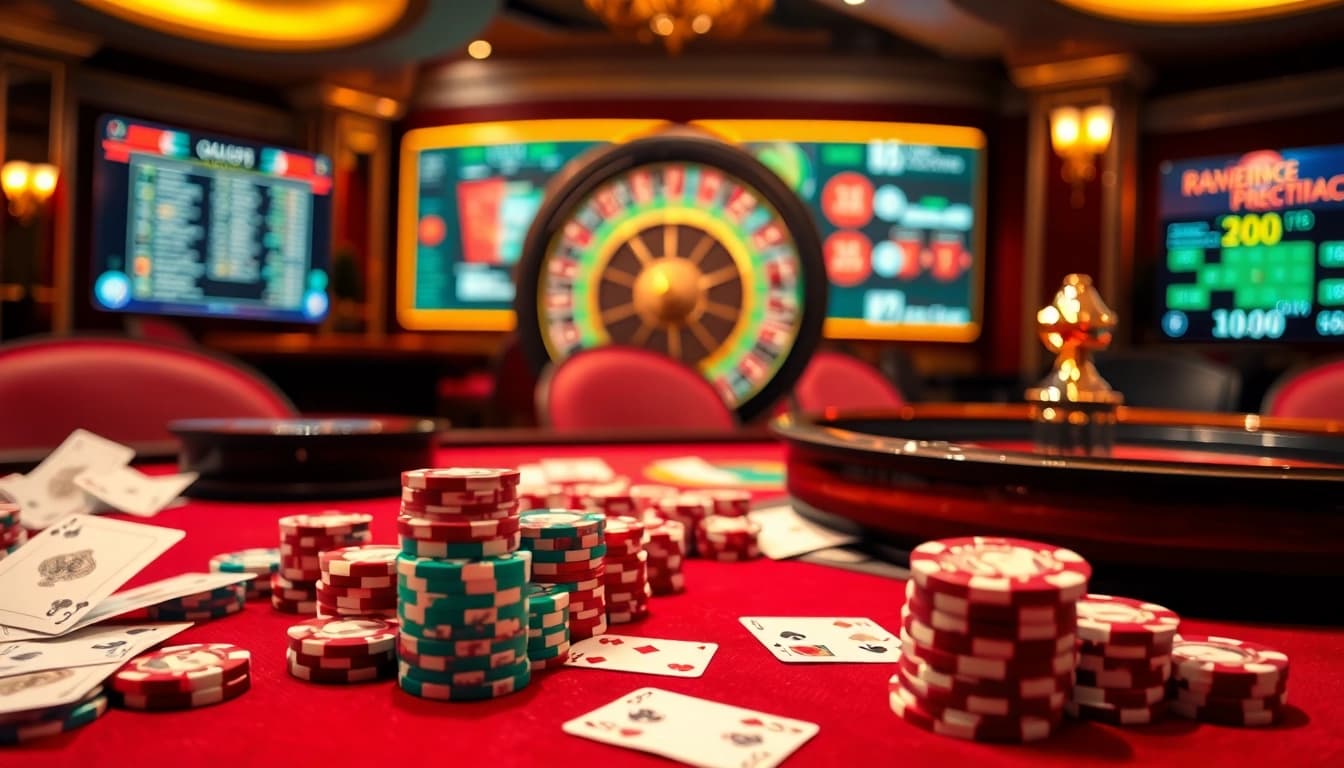 Experience thrilling gameplay at https://vj88vn.com/ with vibrant poker chips and a dazzling roulette wheel.