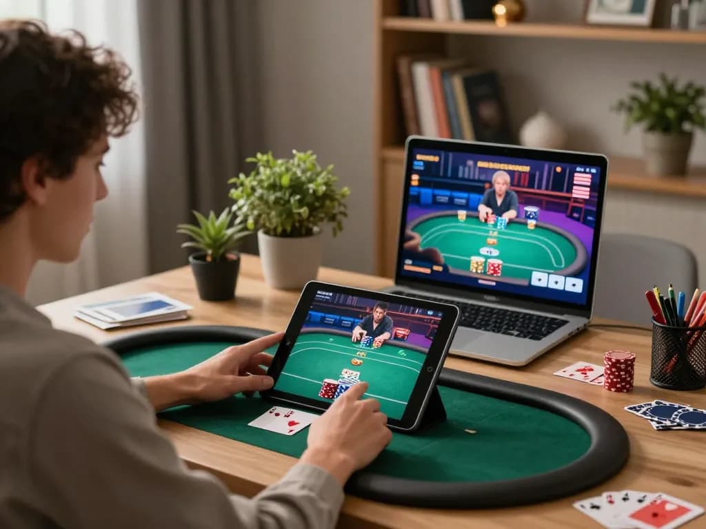 Okfun player strategically engages in online poker within a cozy home office.