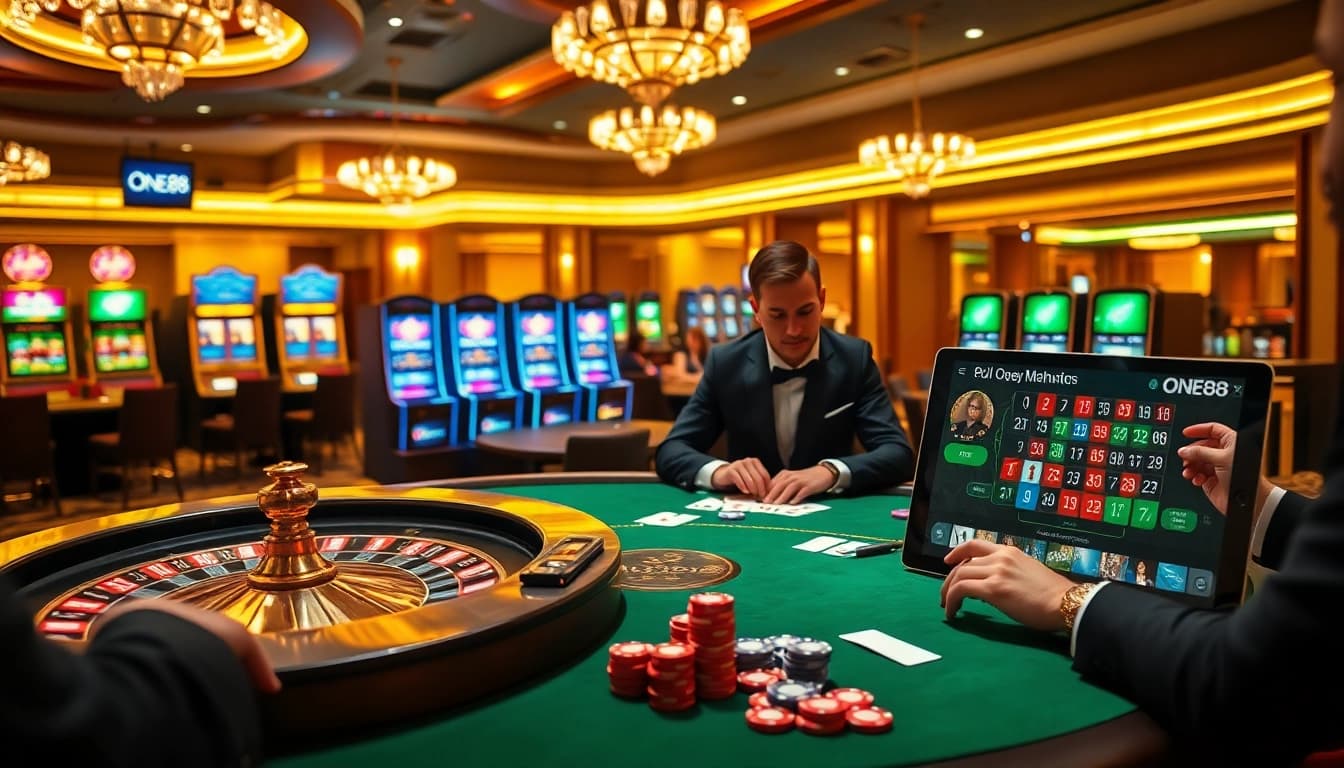 Experience high-stakes gameplay at one88's luxurious casino, highlighting poker chips and slot machines.
