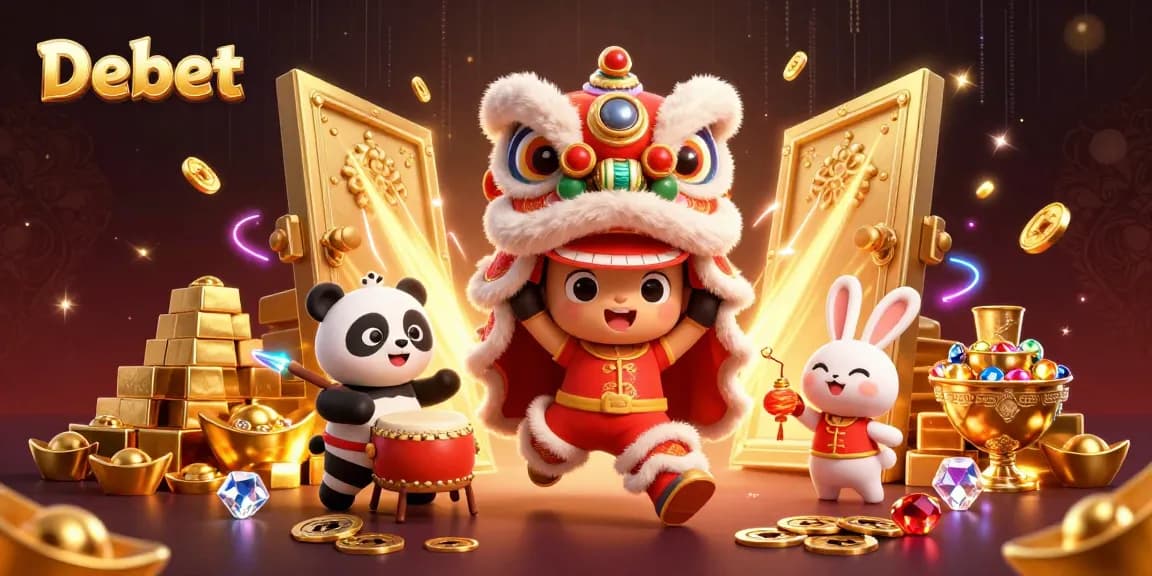 Experience the vibrant charm of Debet with a lively casino illustration featuring a lion dance.