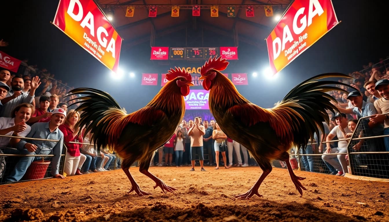 Exciting live chicken fight event at dagawin.live, with a vibrant crowd and action-packed atmosphere.