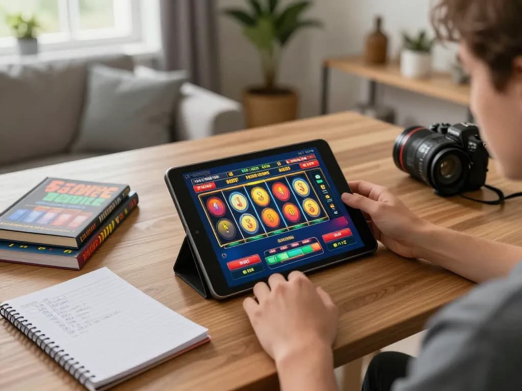 KJCTop player enjoying slots on a tablet in cozy home environment, highlighting online gaming experience.