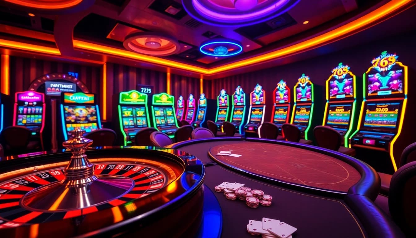 Experience the excitement of 789club's vibrant gaming atmosphere with thrilling tables and slot machines.