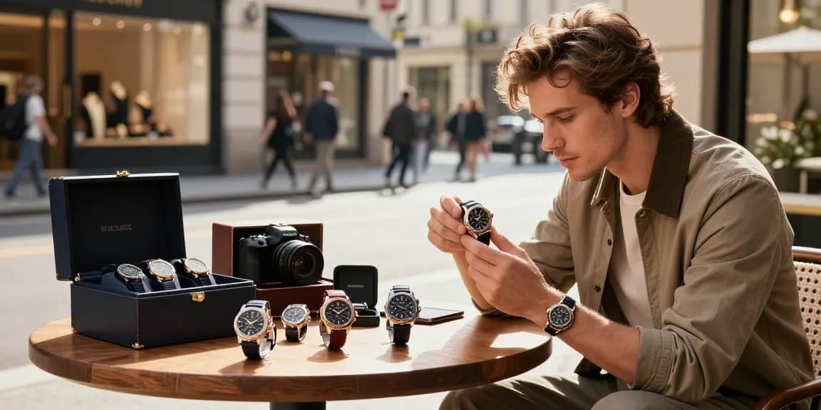 Admiring super clone watches in an elegant urban setting with luxury details and warm lighting.
