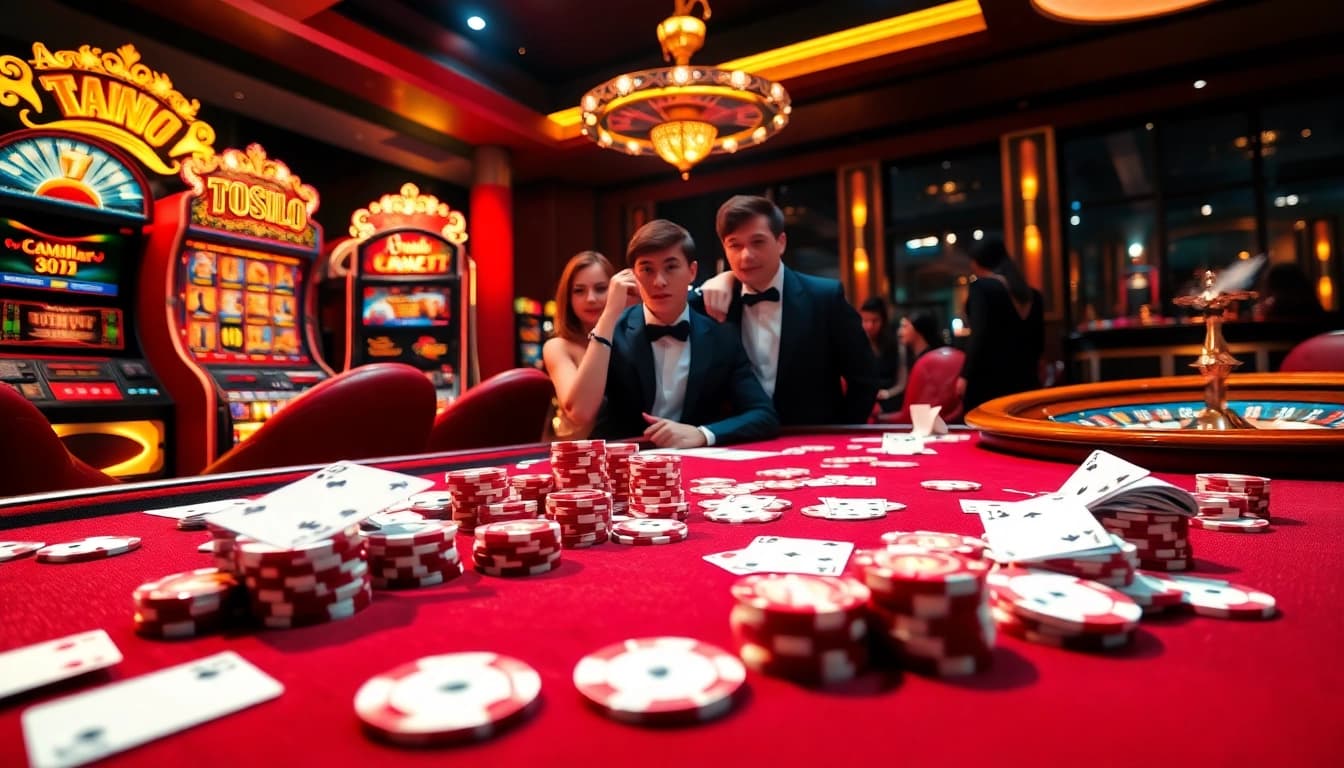 Engaging poker players at a luxury casino table showcasing XX88 thrill through chips and cards.