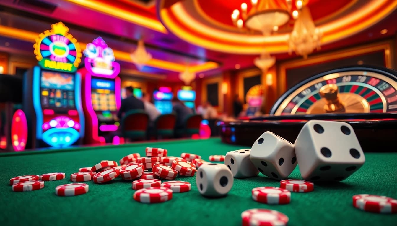 PS99 thể thao gaming action at a vibrant casino table with poker chips and slot machines.